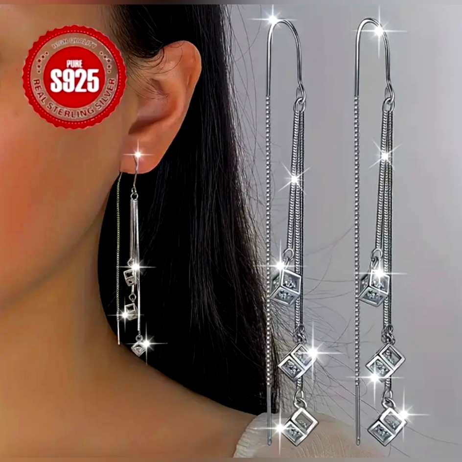 Elegant 925 Sterling Silver. Drop Earrings, Long Tassel Square Hook 18k Golden